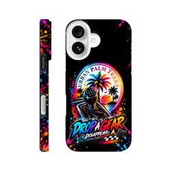 iPhone case with manual shifter, Urban Palm Trees sunset graphic, and colorful splatter art for modified car culture.