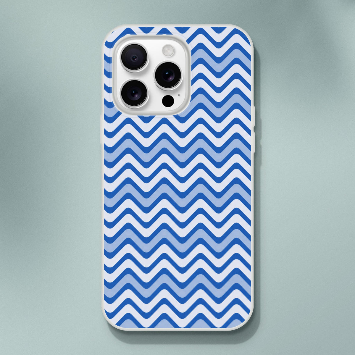 Retro blue wavy stripe iPhone case with geometric zigzag pattern and shock-absorbing TPU design for reliable drop protection.