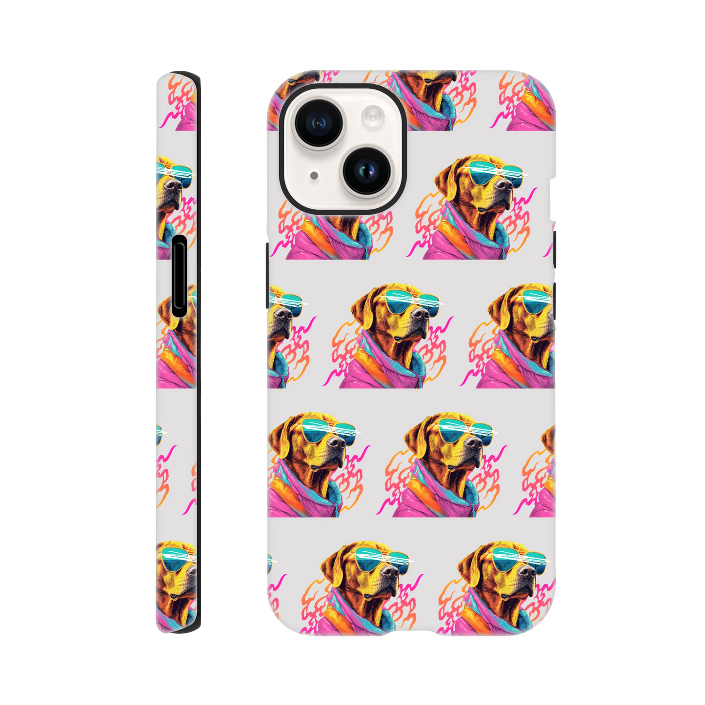 Tough glossy dual-layer dog-print phone case with wraparound print for iPhone 16/15/14/13.