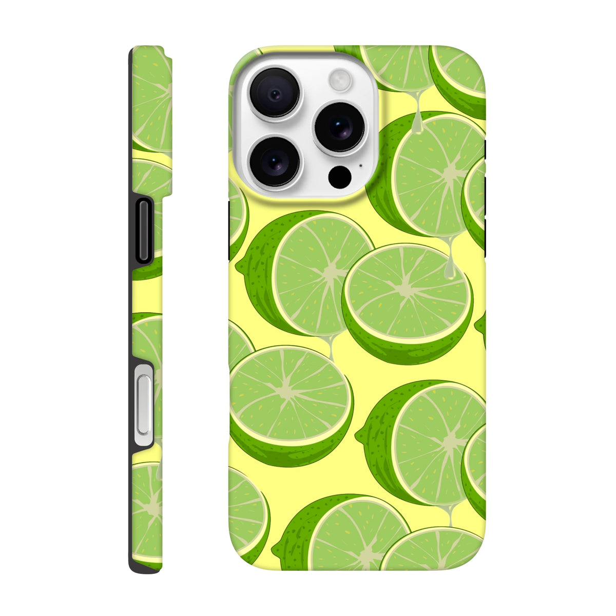 Green lime pattern iPhone case on yellow background. Fresh citrus design with dripping juice, offering tough protection for daily use and streetwear style.