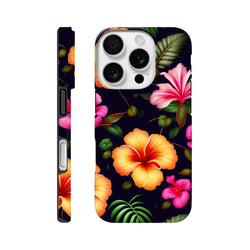 Tropical floral tough iPhone case featuring vibrant orange and pink hibiscus flowers with green palm leaves on a dark background. Shock-absorbing phone cover.
