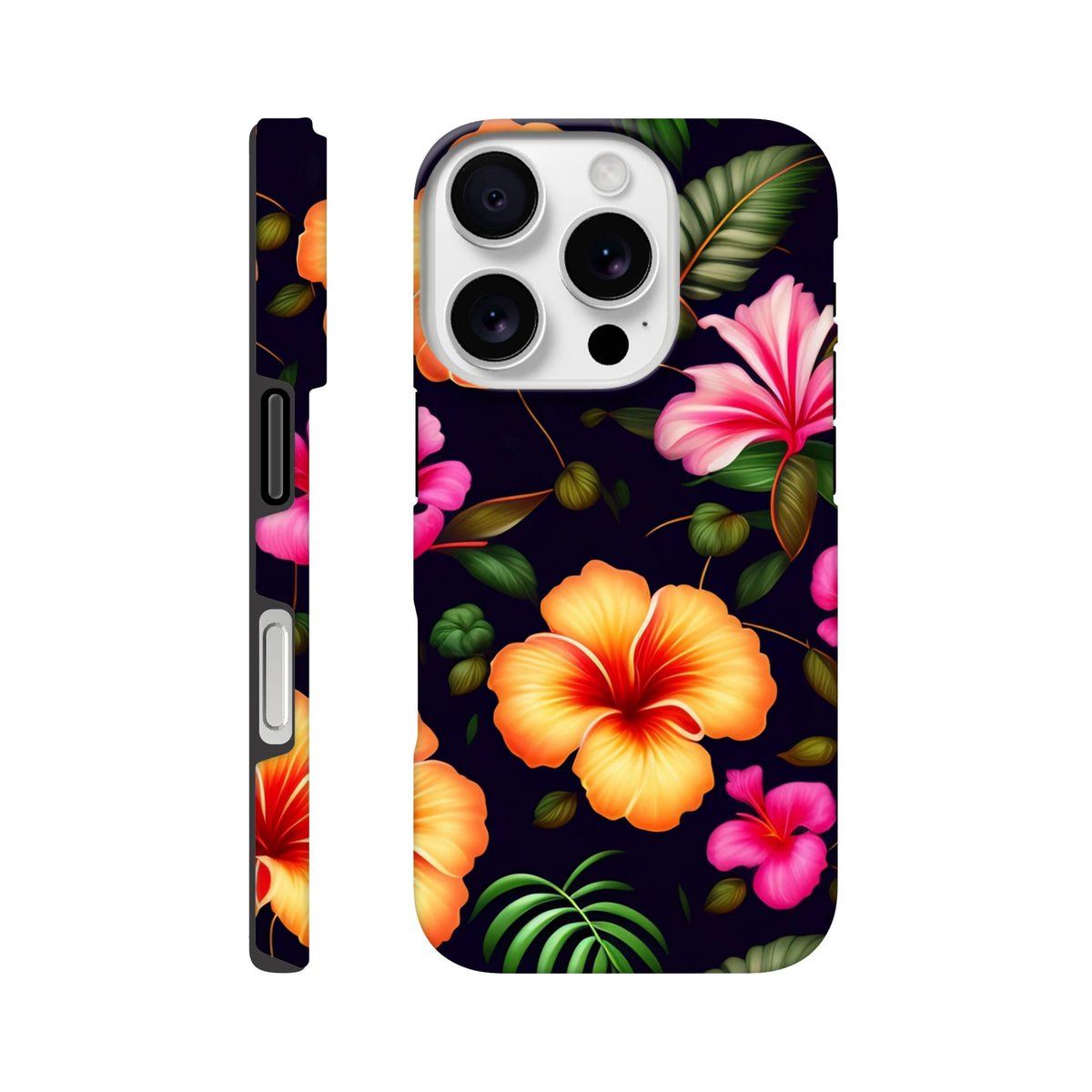 Tropical floral tough iPhone case featuring vibrant orange and pink hibiscus flowers with green palm leaves on a dark background. Shock-absorbing phone cover.