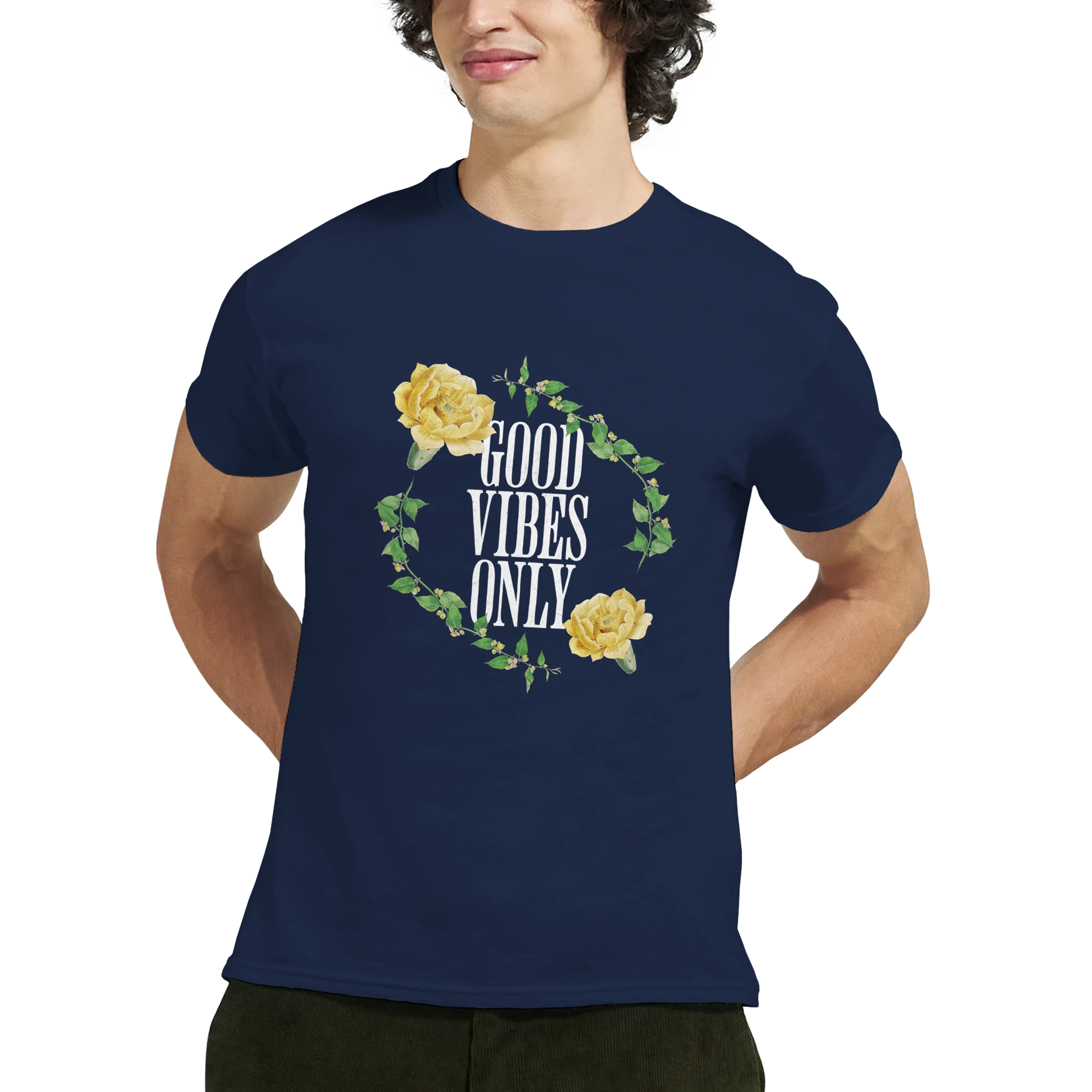 Navy Good Vibes Only men's graphic tee in soft cotton blend with yellow roses and leafy floral wreath.