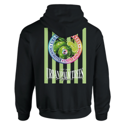 Back of black hoodie featuring retro lime graphic with vertical green stripes and Urban Palm Trees text.