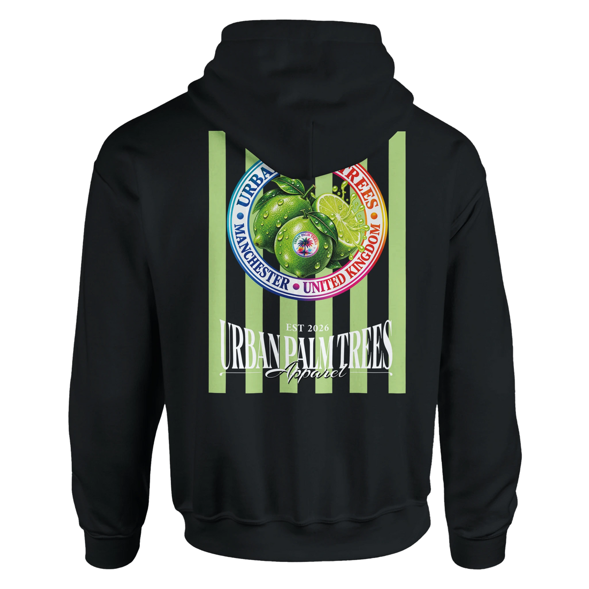 Back of black hoodie featuring retro lime graphic with vertical green stripes and Urban Palm Trees text.
