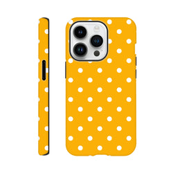 Orange & white polka dot tough iPhone case with shock-absorbing TPU shell for iPhone 13-16 drop protection.