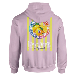 Pink hoodie back with retro lemon graphic on yellow stripes. Features Urban Palm Trees circular logo and Manchester text for casual streetwear.