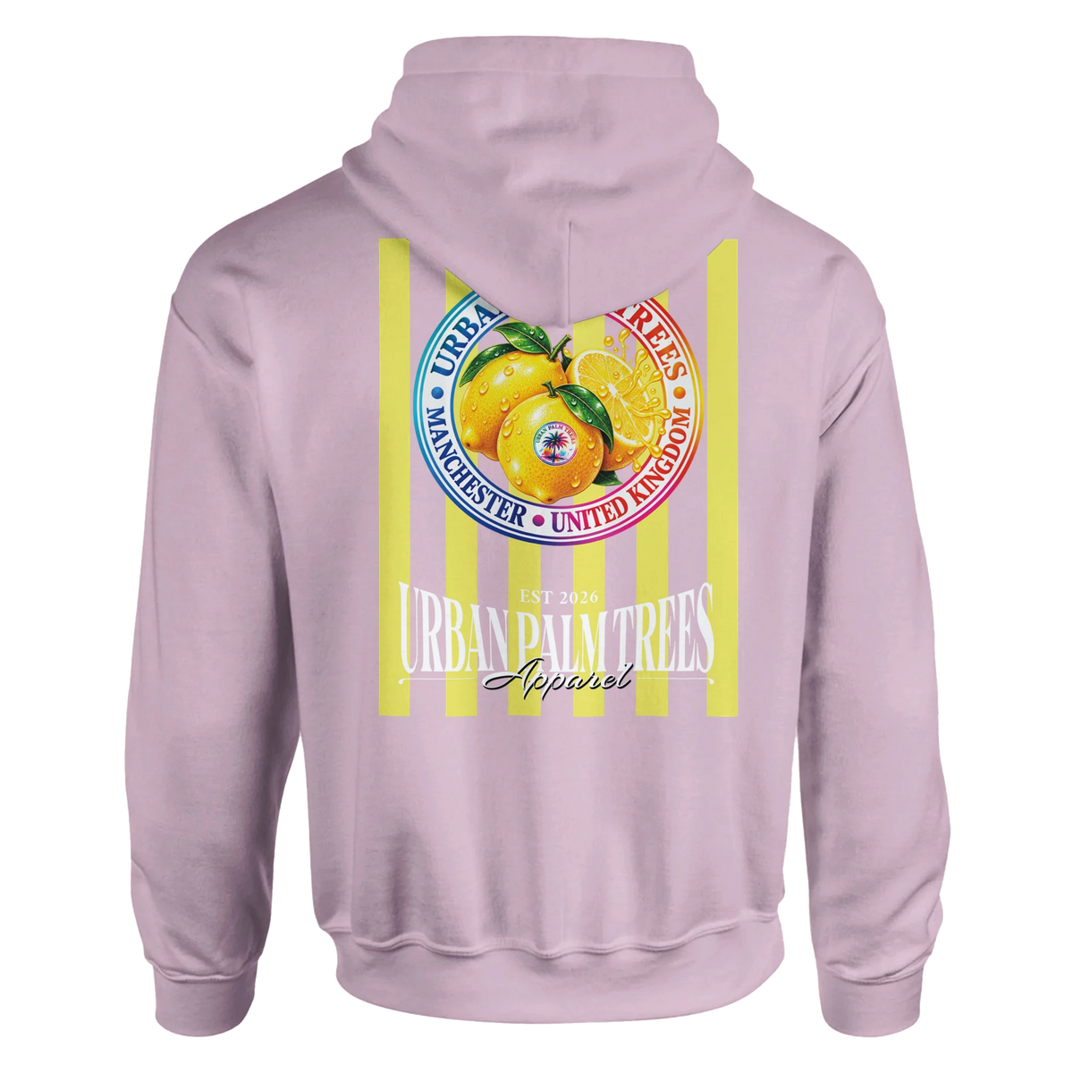 Pink hoodie back with retro lemon graphic on yellow stripes. Features Urban Palm Trees circular logo and Manchester text for casual streetwear.