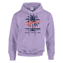 Lavender Palm Tree California hoodie for women with drawstring, front pocket, relaxed fit.
