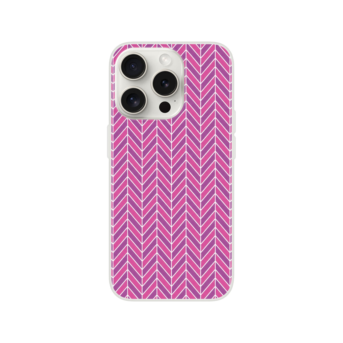 Pink geometric herringbone iPhone case with slim frosty transparent TPU design for shock absorption without bulk.