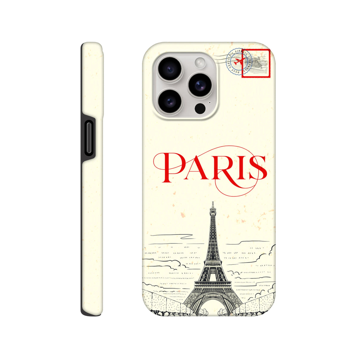 Vintage-style Paris phone case featuring an Eiffel Tower sketch, red typography, and an airmail stamp design for travel lovers.