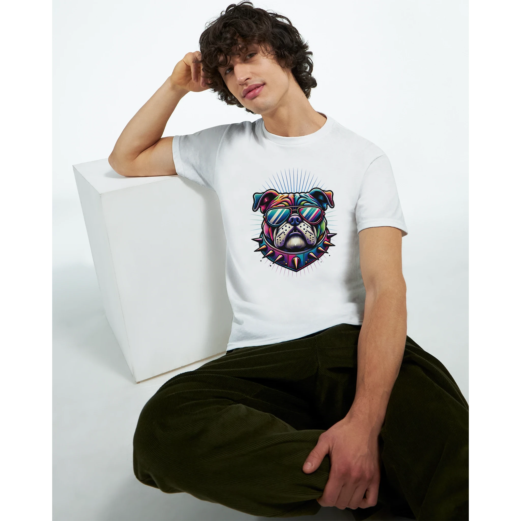 White T-shirt featuring a colorful bulldog wearing sunglasses graphic.