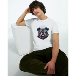 White T-shirt featuring a colorful bulldog wearing sunglasses graphic.