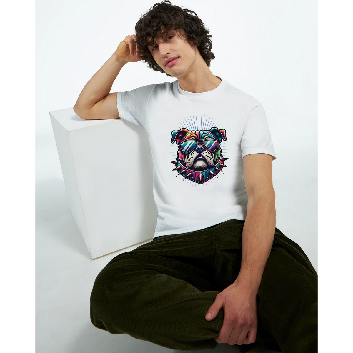 White T-shirt featuring a colorful bulldog wearing sunglasses graphic.