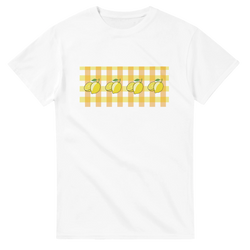 White women's T-shirt with a yellow lemon gingham pattern and lemon illustrations across the chest.