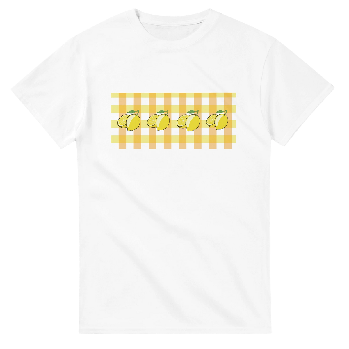 White women's T-shirt with a yellow lemon gingham pattern and lemon illustrations across the chest.