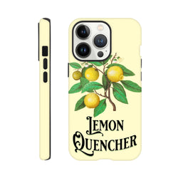 Vintage lemon tough iPhone case featuring a retro botanical lemon branch illustration and "Lemon Quencher" text.
