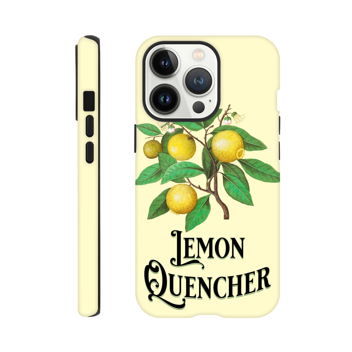 Vintage lemon tough iPhone case featuring a retro botanical lemon branch illustration and "Lemon Quencher" text.