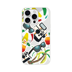 Transparent iPhone case featuring a summer sticker effect design with palm trees, vintage cameras, sunglasses, and tropical cocktails.
