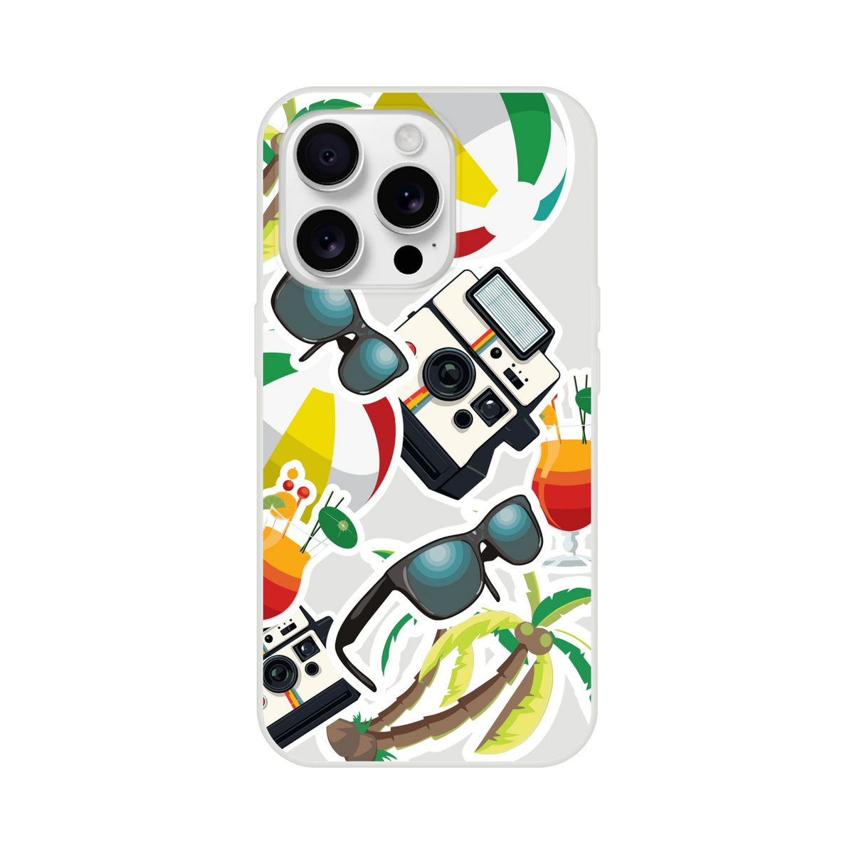 Transparent iPhone case featuring a summer sticker effect design with palm trees, vintage cameras, sunglasses, and tropical cocktails.