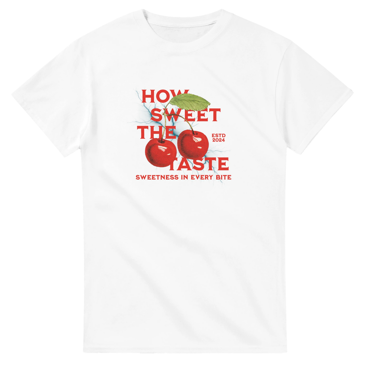 Retro white t-shirt featuring bold red cherries and the phrase "How Sweet The Taste" in vintage typography.