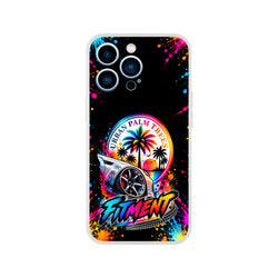 Fitment Stance iPhone case featuring a lowered car, colorful palm tree sunset graphic, and paint splatter art on a black background.
