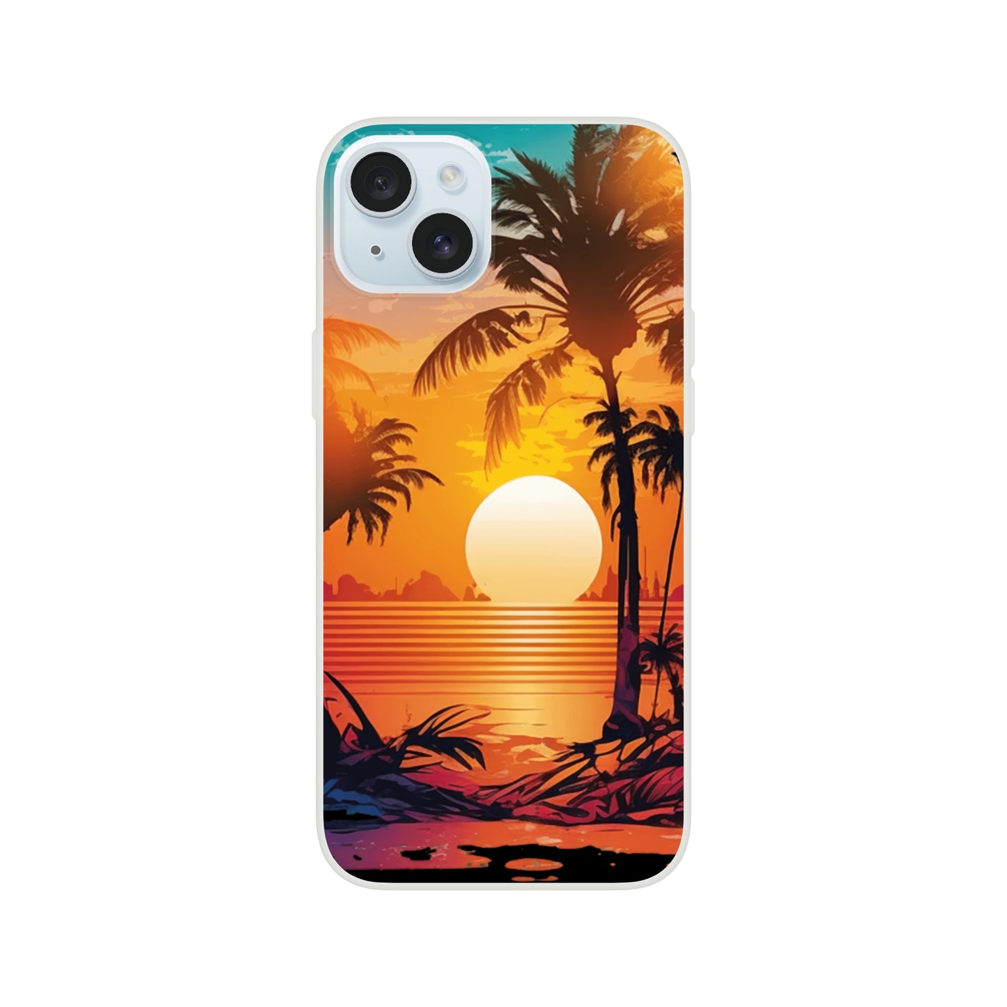 iPhone case with a tropical sunset design featuring palm trees and a setting sun 7