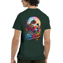 Dark green men's t-shirt featuring a Low Life graphic with shock absorber, palm trees, and Urban Palm Trees text.