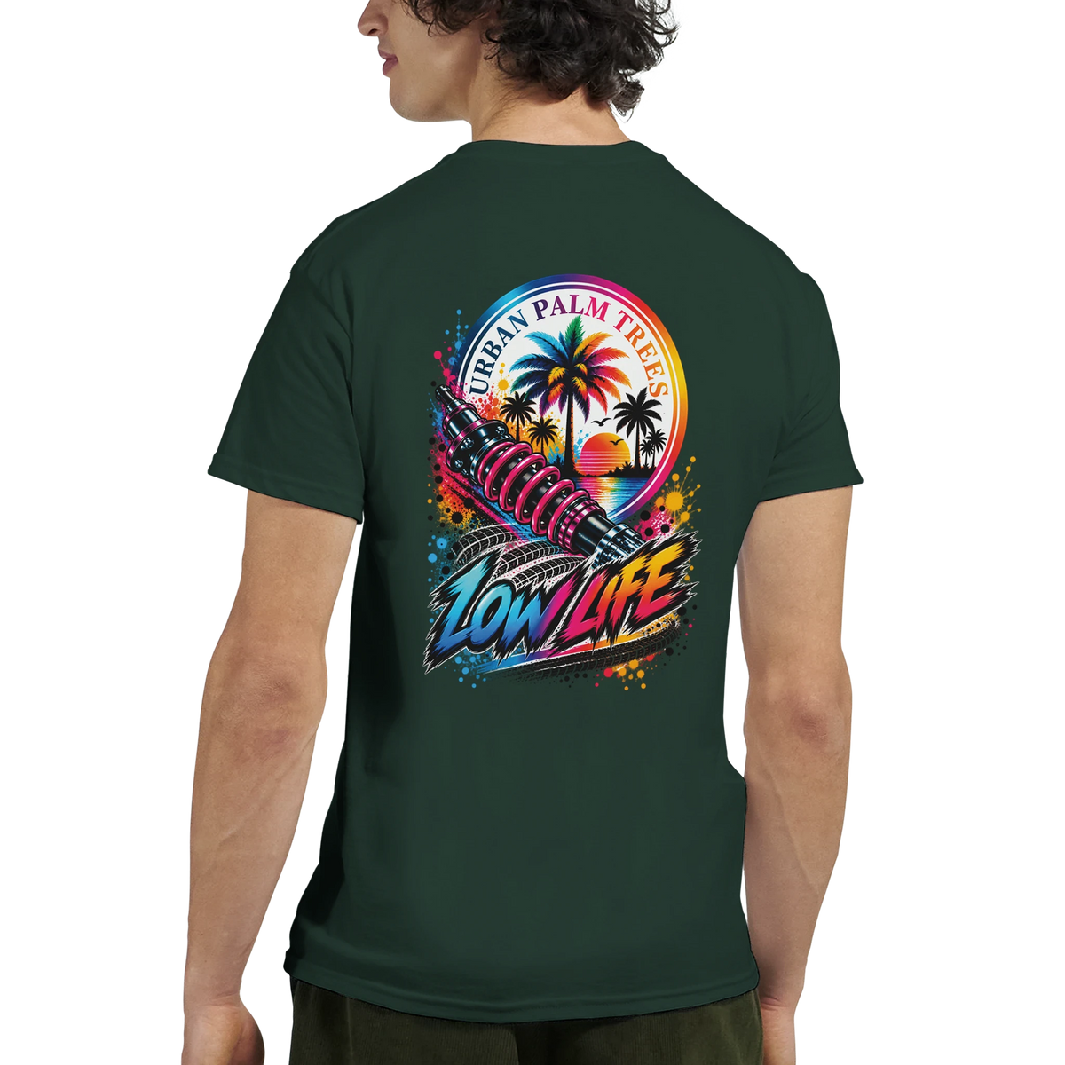Dark green men's t-shirt featuring a Low Life graphic with shock absorber, palm trees, and Urban Palm Trees text.