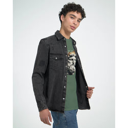 Gothic Gods men's graphic T-shirt in green, soft cotton blend, bold Gothic Gods graphic under a black denim jacket.