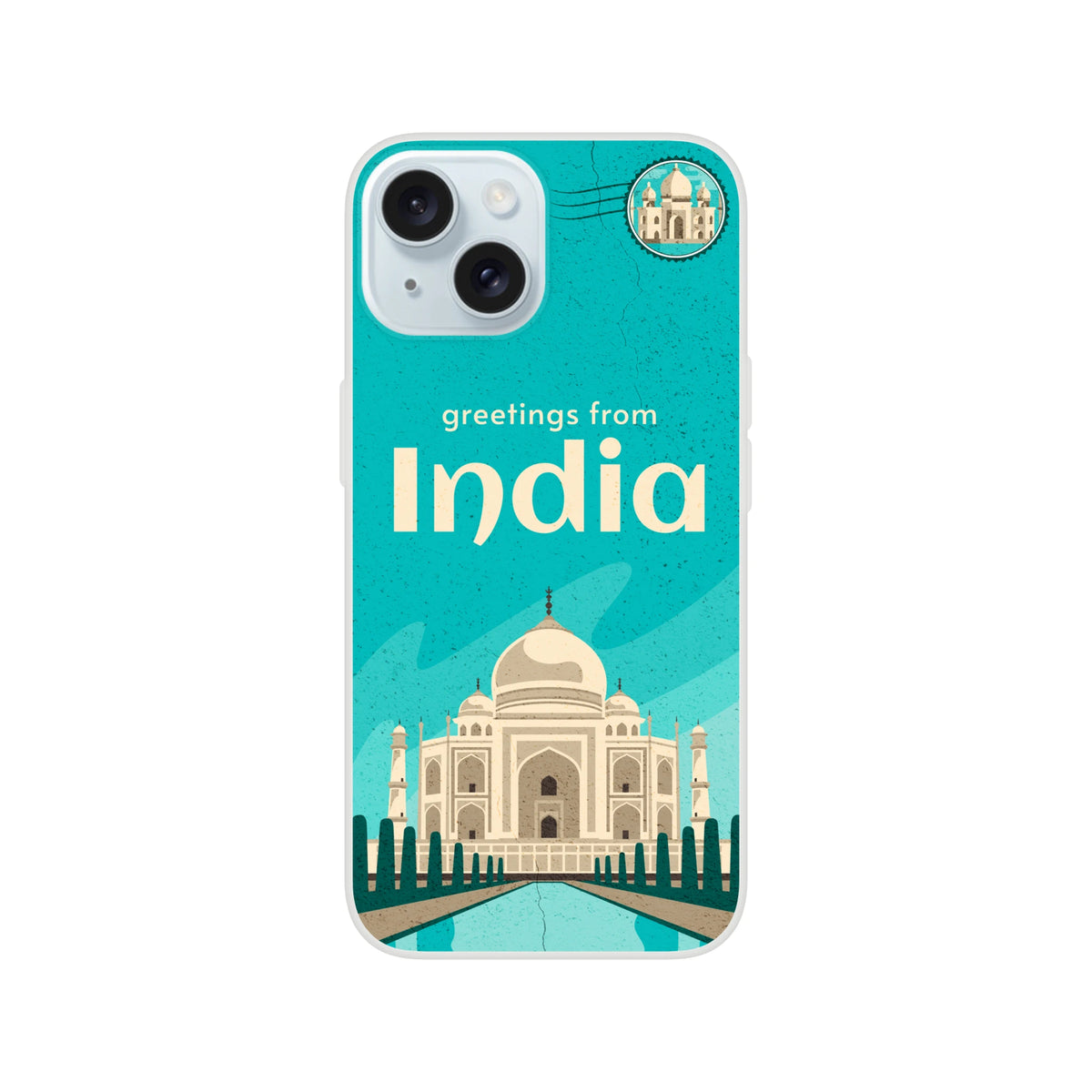 Vintage postcard iPhone case for 13-16, India holiday design with Taj Mahal illustration.