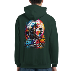 Dark green men's hoodie featuring a colorful back graphic with a manual gear shifter, palm trees, and Drop A Gear text.