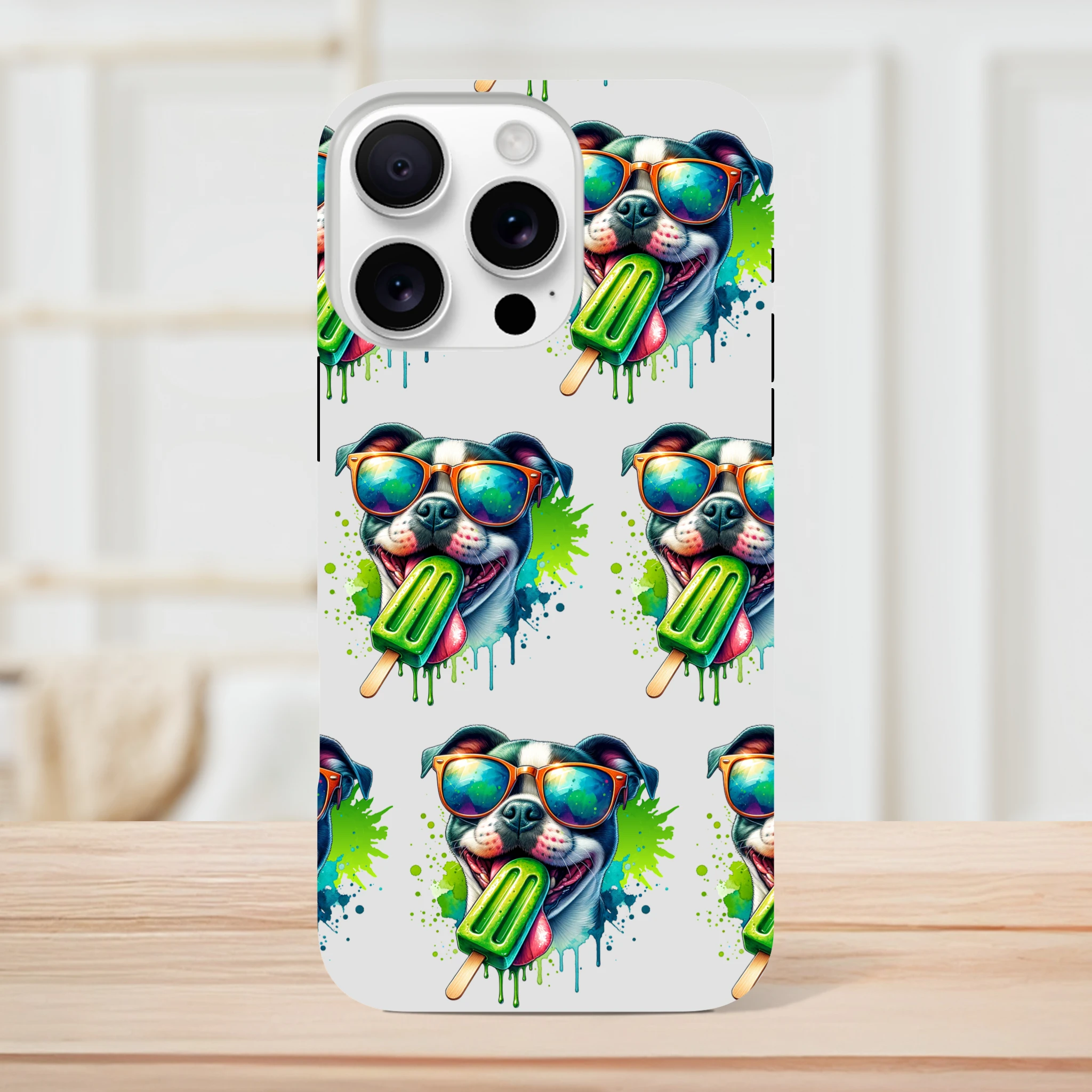 Chill Dog tough protective case with wraparound print sunglasses-wearing dog holding a popsicle for iPhone 16 15 14 13.