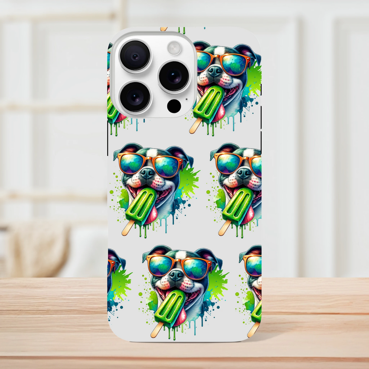 Chill Dog tough protective case with wraparound print sunglasses-wearing dog holding a popsicle for iPhone 16 15 14 13.