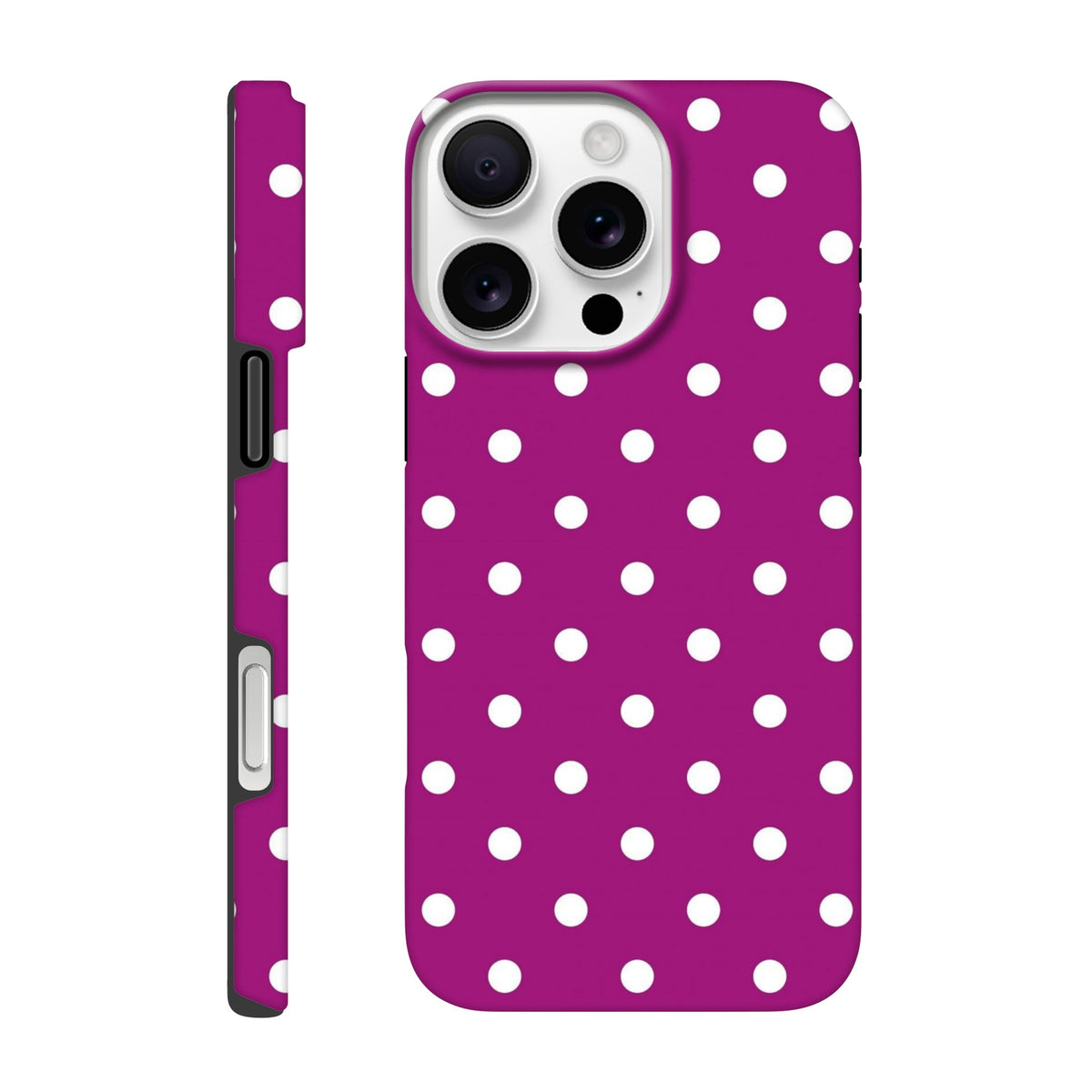 Purple and white polka dot tough iPhone case with shock-absorbing TPU protection for iPhone 13-16 models. Cute dual-layer phone cover.