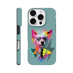 Retro pop art iPhone case featuring a colorful dog with pink glasses and geometric lightning bolts on a teal tough cover.