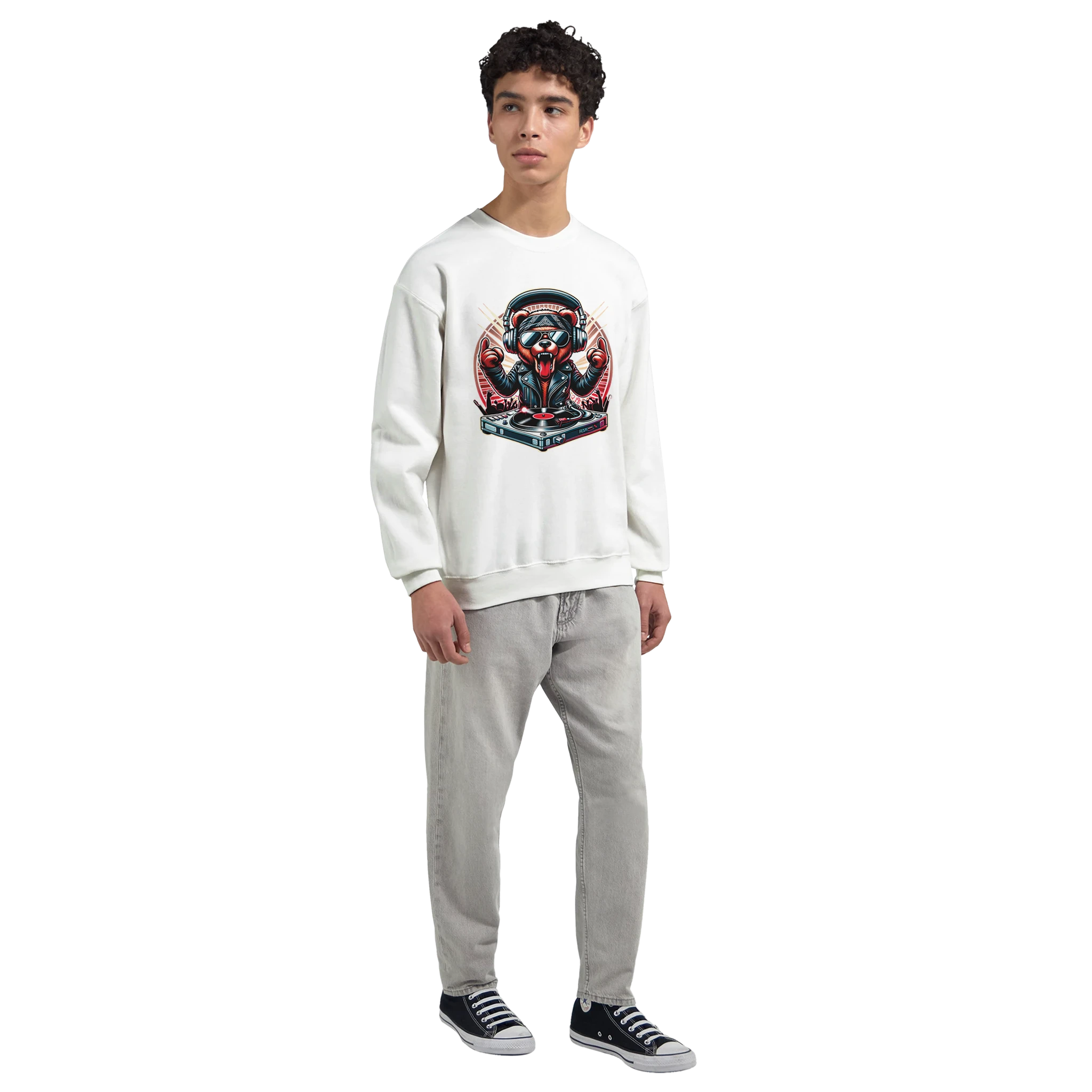Man wearing white men's Teddy Bear graphic sweatshirt with DJ teddy bear on turntable.