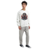 Man wearing white men's Teddy Bear graphic sweatshirt with DJ teddy bear on turntable.