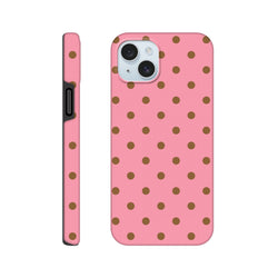 Pink and brown polka dot tough iPhone case with glossy finish, featuring shock-absorbing TPU protection for daily bumps.