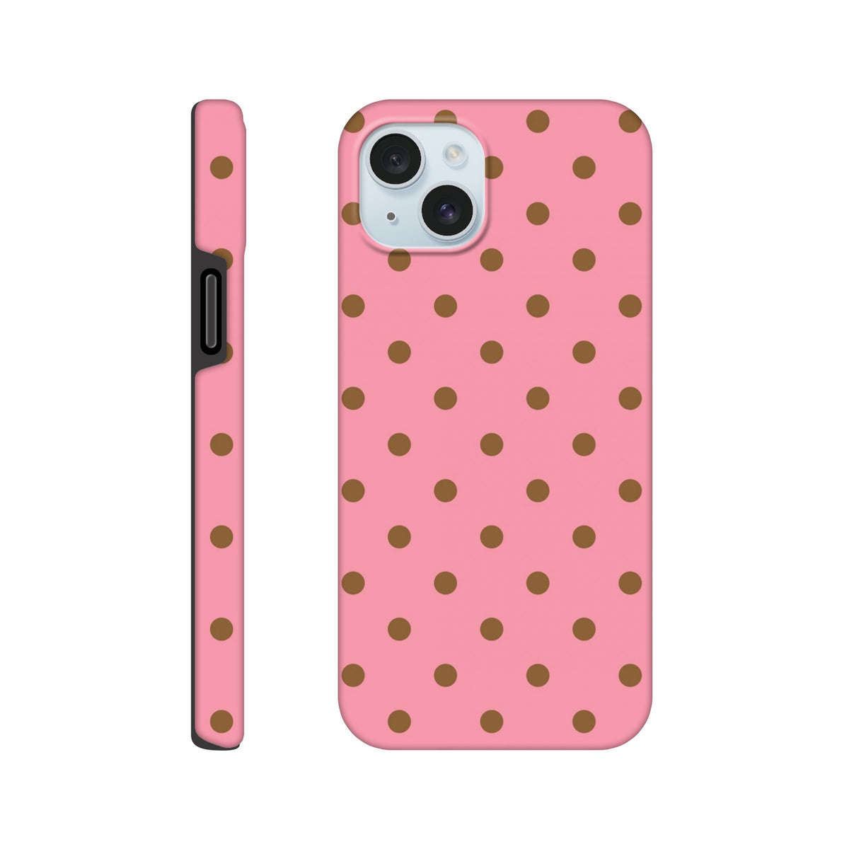 Pink and brown polka dot tough iPhone case with glossy finish, featuring shock-absorbing TPU protection for daily bumps.