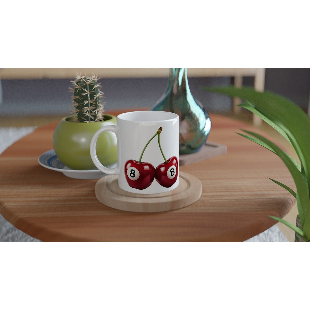 Lucky Cherries mug: white ceramic with a print of two red cherries on a wooden coaster, ideal gift for her.
