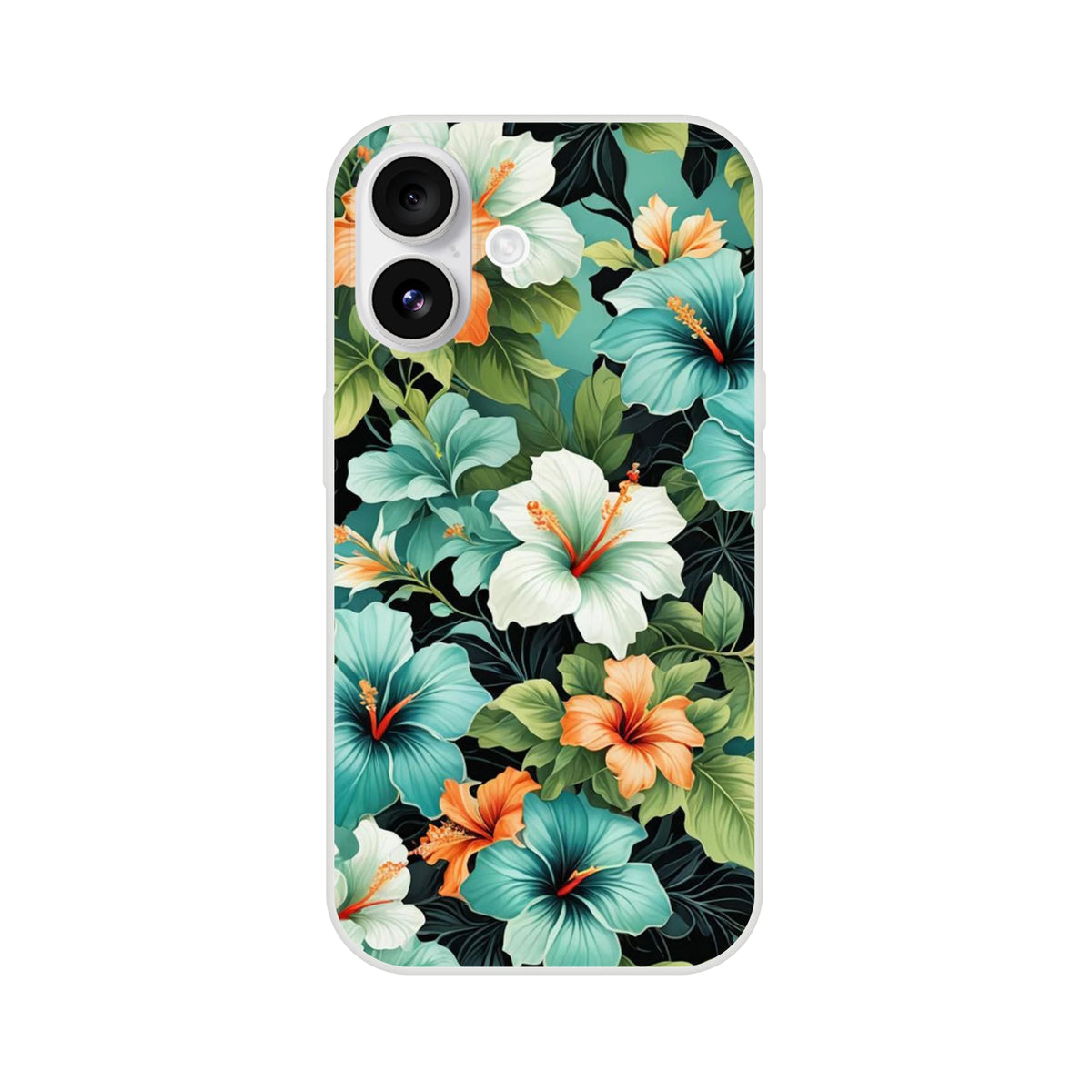 Tropical Hibiscus iPhone Case (13-16) Floral Hawaiian Phone Cover featuring white and orange hibiscus with green leaves on teal.