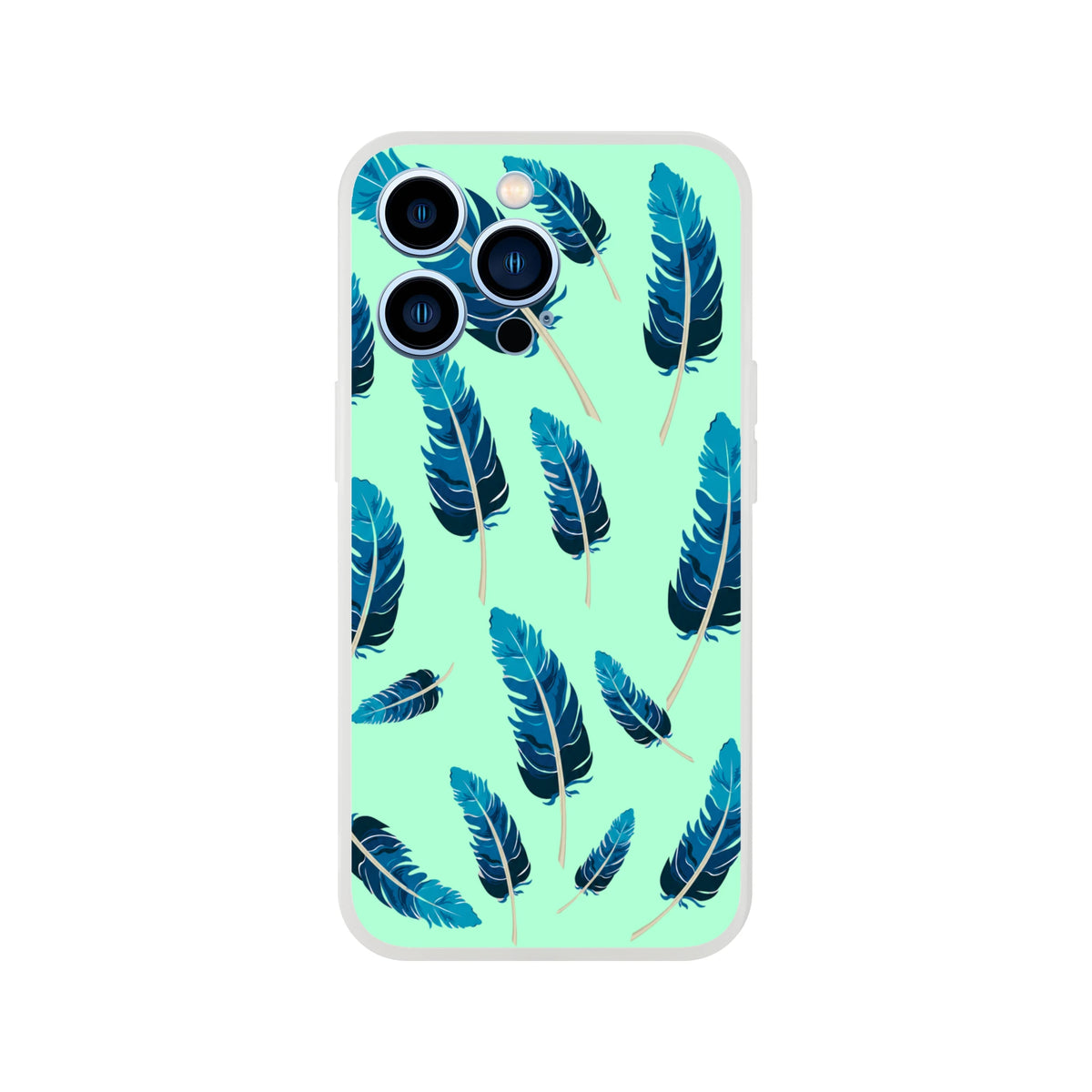 Mint-green iPhone case with blue feather motif, lightweight low-profile shell and matte finish for iPhone 13–16.