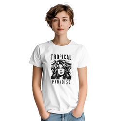 Model wearing white Tropical Paradise graphic T-shirt with palm motif.