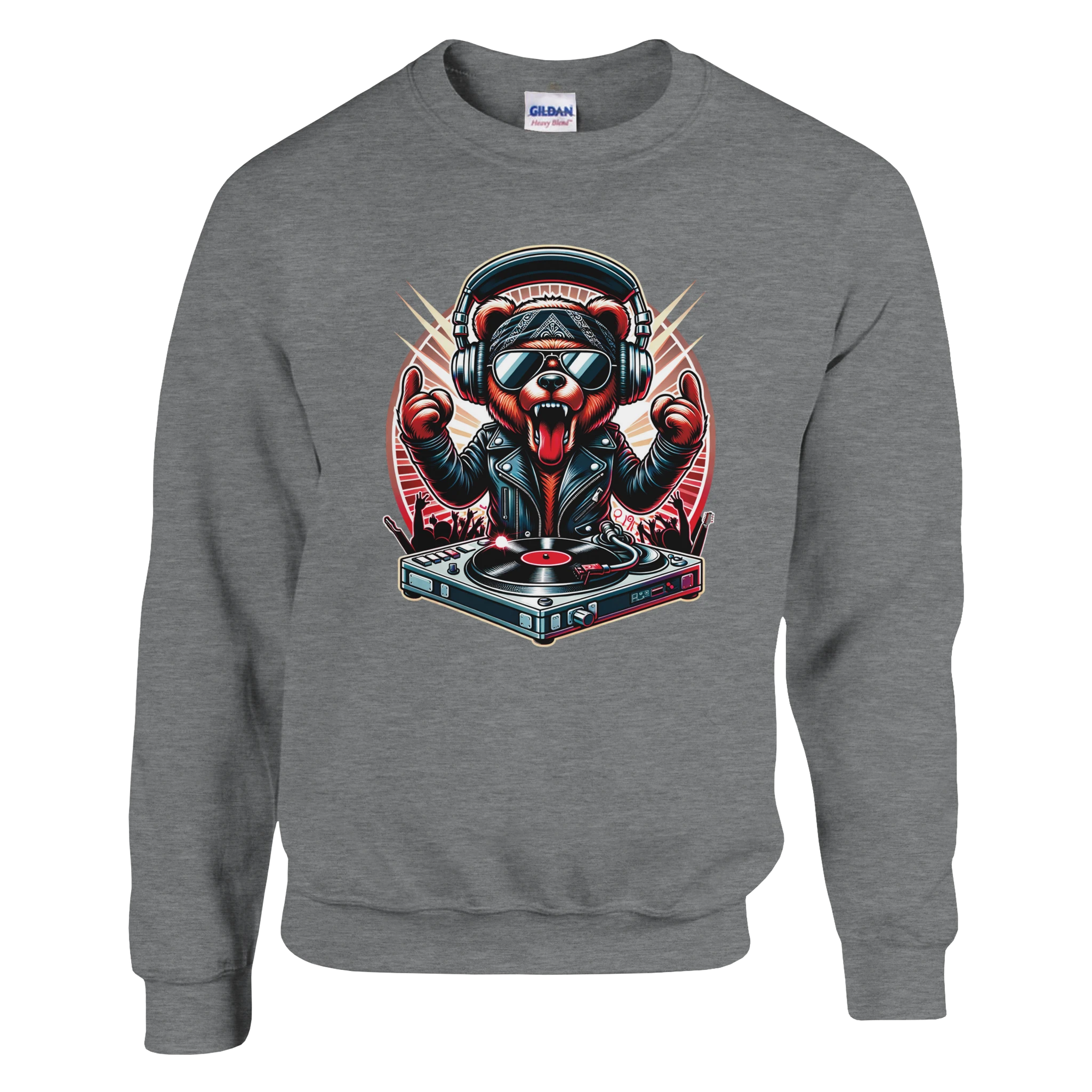 Gray sweatshirt featuring a teddy bear DJ graphic with headphones, sunglasses, and a turntable.