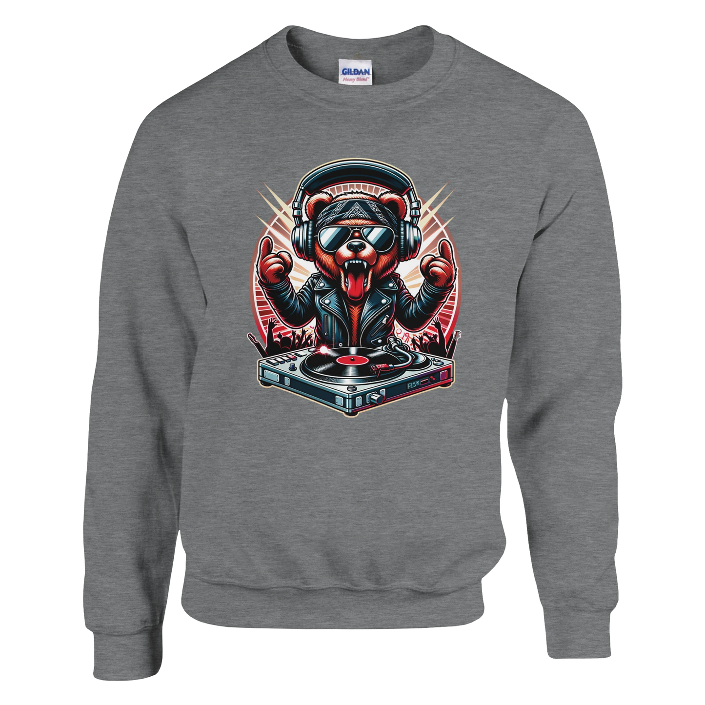 Gray men's graphic sweatshirt with a bear DJ graphic on a white background