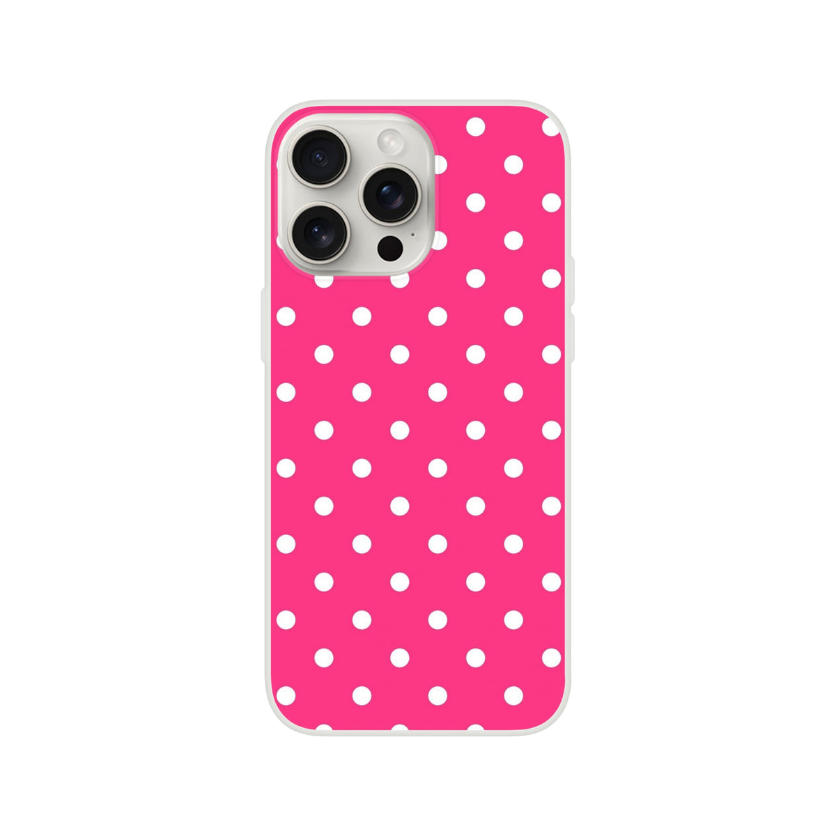 Retro hot pink and white polka dot iPhone case with matte finish and shock-absorbing TPU shell for models 13-16.