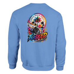 Blue sweatshirt back with lowered car graphic, Urban Palm Trees text, and colorful TUCKED lettering over tire track.