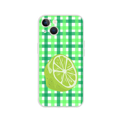 Green lime-gingham iPhone case for 13-16, featuring lime slice graphic.