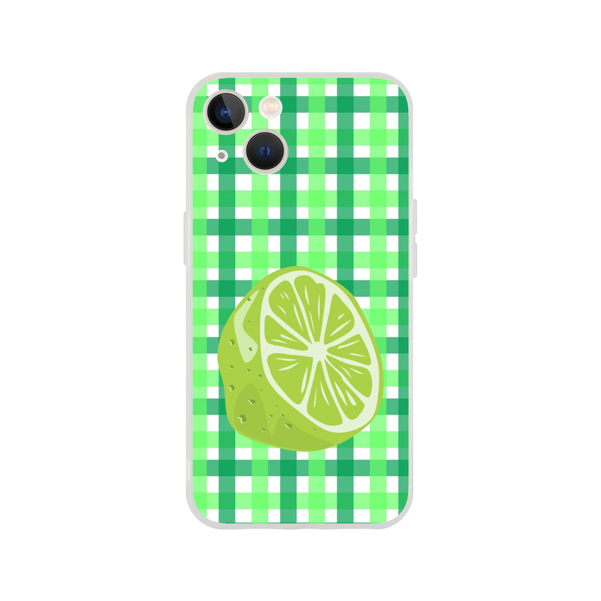 Green lime-gingham iPhone case for 13-16, featuring lime slice graphic.
